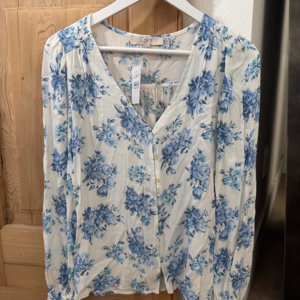 LOFT White Blouse with Blue Floral Print